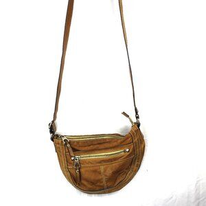 Fossil Tan Soft Glove Leather Zip Up Stitching Shoulder Bag Distressed Grunge